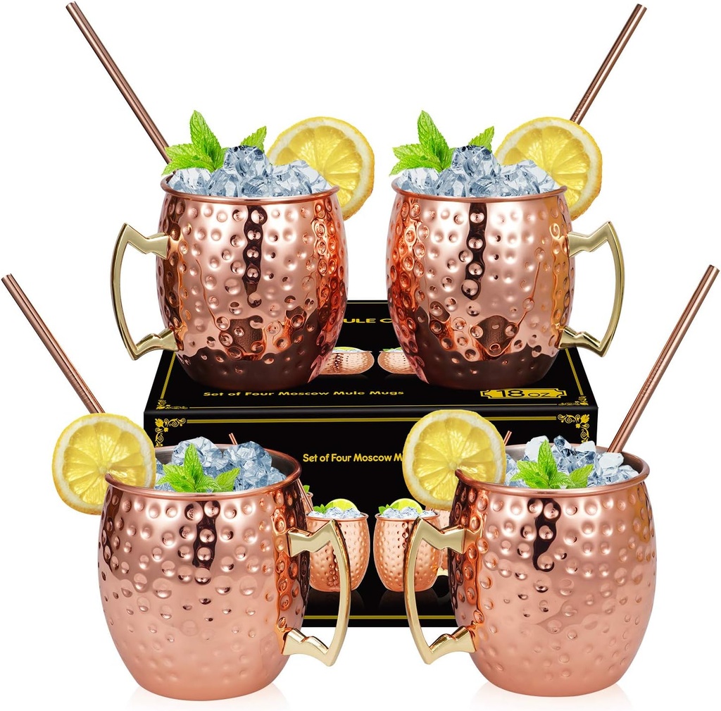 Moscow Mule Copper Mugs - Set of 4 Handcrafted Solid Copper Mugs, 16 oz Cups with 4 Cocktail Straws