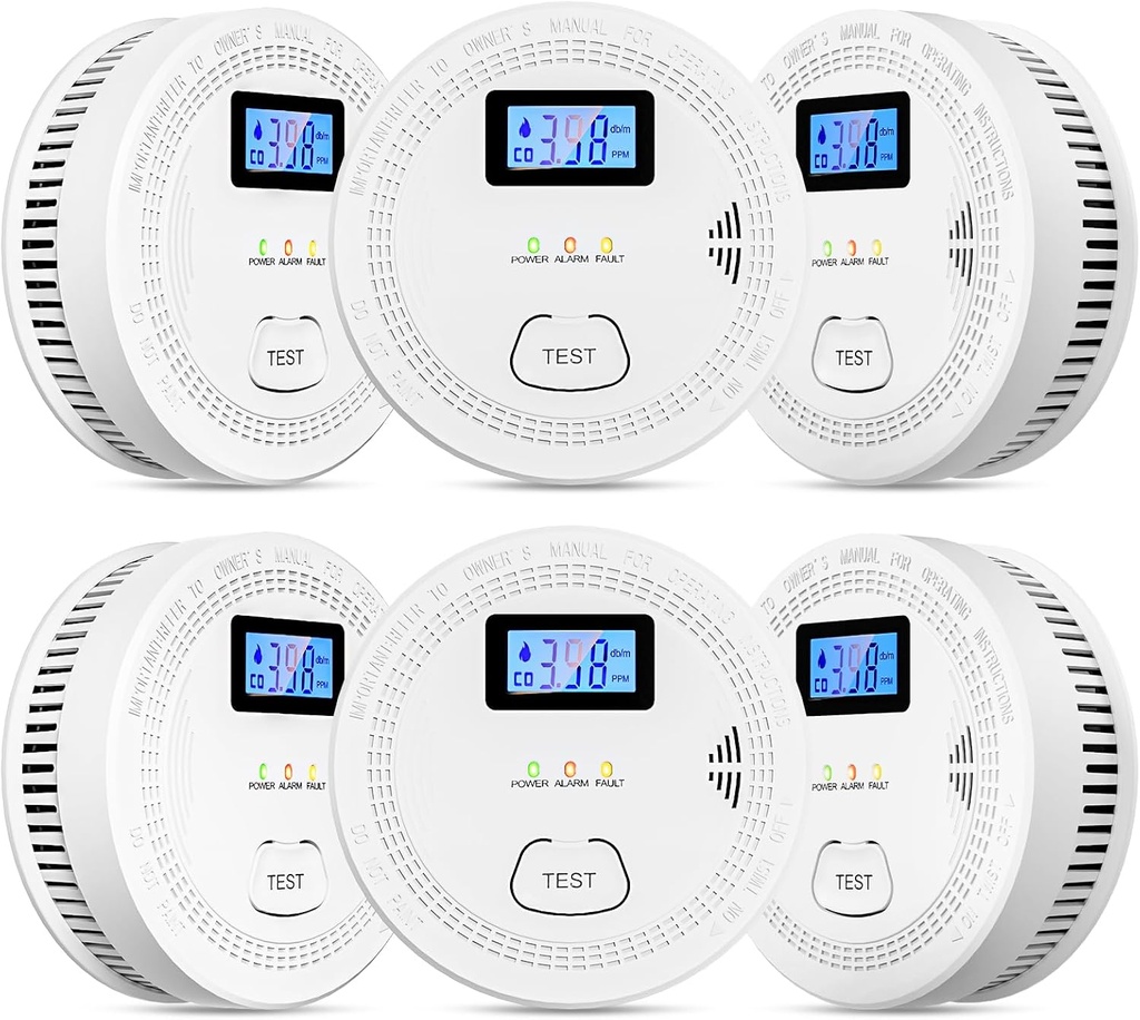 6 Packs, 2 in 1,Smoke Carbon Monoxide Detector,Carbon Monoxide Detectors/Smoke Alarm,85 dB Alarm,Large Screen Readout,Test Button,Battery Operated, Work State LED Flash,Easy Install