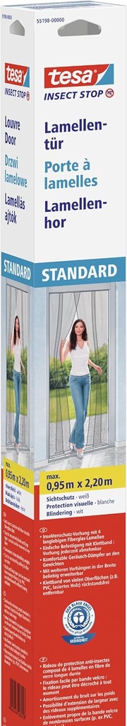 tesa Insect Stop Slat Door, Standard Fly Curtain, 4-Piece Insect Protection Curtain, Mosquito Net for Doors, No Drilling, with Velcro Tape, 95 x 220 cm, White