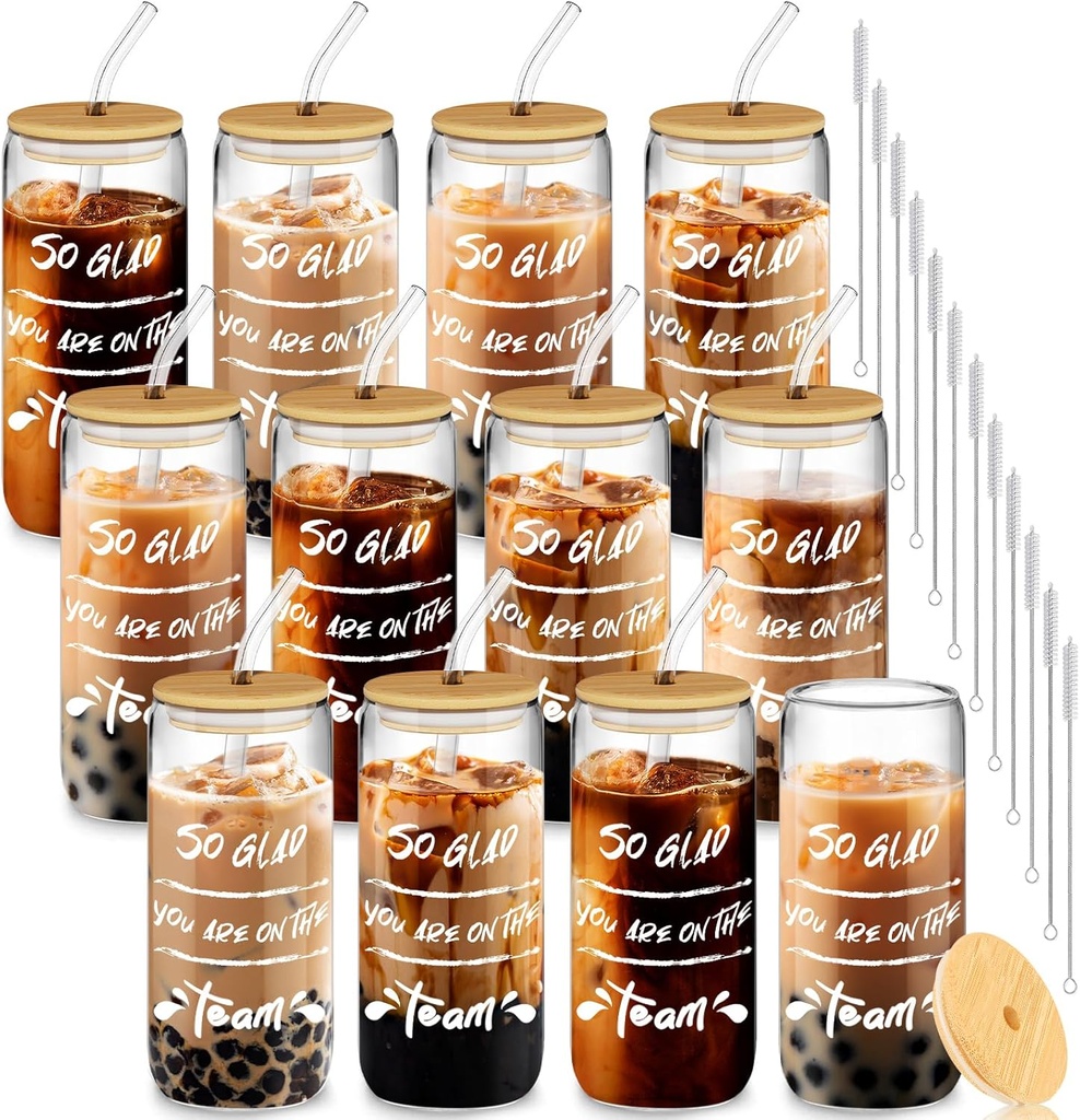 12 Set Employee Appreciation Gifts, Inspirational Thank You Gift for Women Best Friends, Teacher, Nurse, Boss, Staff - Farewell Gifts for Coworkers, 20oz Glass Cups w/Lids Straws (So Glad)