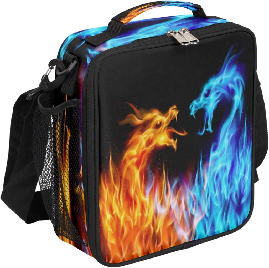 Pardick Fiery Dragons Kids Lunch Box Flame Dragon Insulated Lunch Bag Tote for Girls Boys, Cooler Freezable Meal Prep Bag with Shoulder Strap Waterproof Lunch Container for School Office Picnic