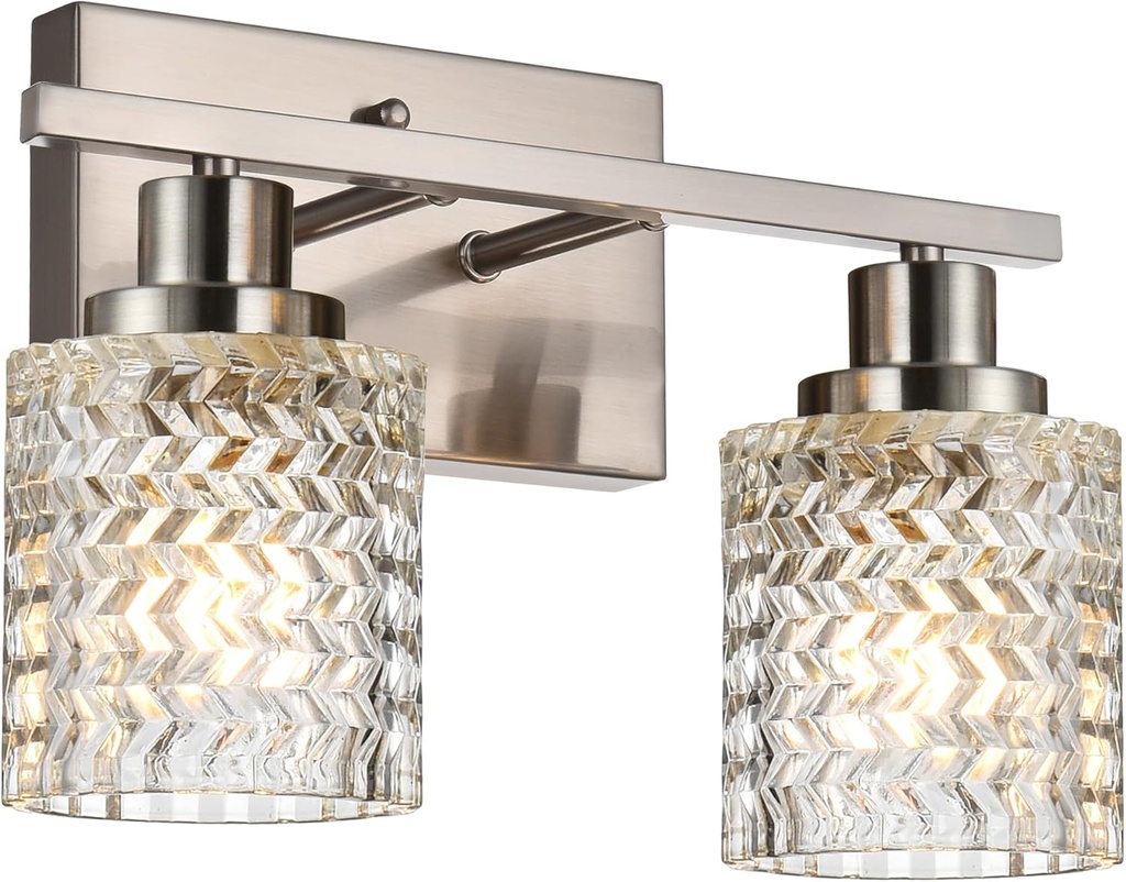 MELUCEE 2-Light Wall Sconce Lighting with Hammered Glass Shade, Brushed Nickel Bathroom Lights Over Mirror, Modern Vanity Lighting Fixtures for Porch Entryway Stair