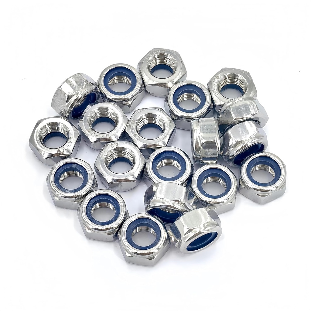 20Pcs M10 x 1.25mm Nylon Insert Hex Lock Nuts, 304 Stainless Steel Locknuts,Silver Tone (M10x1.25)