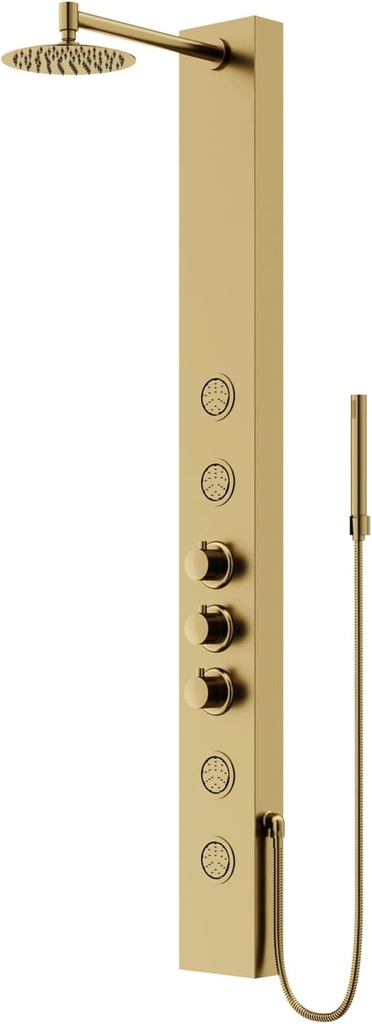 VIGO Ellington 59" H x 6" W 4-Jet Shower Panel System with Round Head and Hand Shower Wand in Matte Brushed Gold-VG08013MG