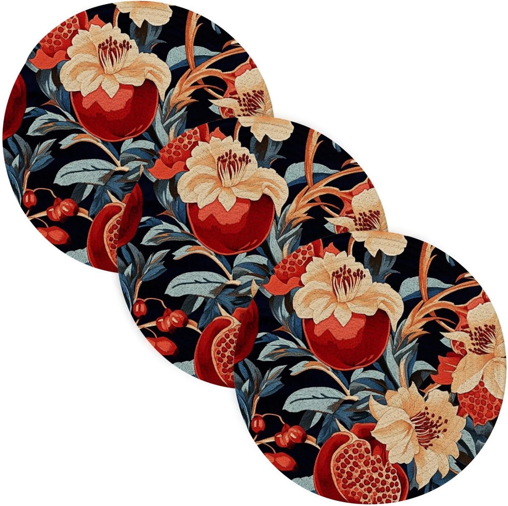 3 Pcs Absorb Water Trivet Table Runner for Crock Pot 15in Heat Resistant Mats Kitchen Countertop Protector alfombrilla de para cocina Retro Red Pomegranates Red Flowers Pattern