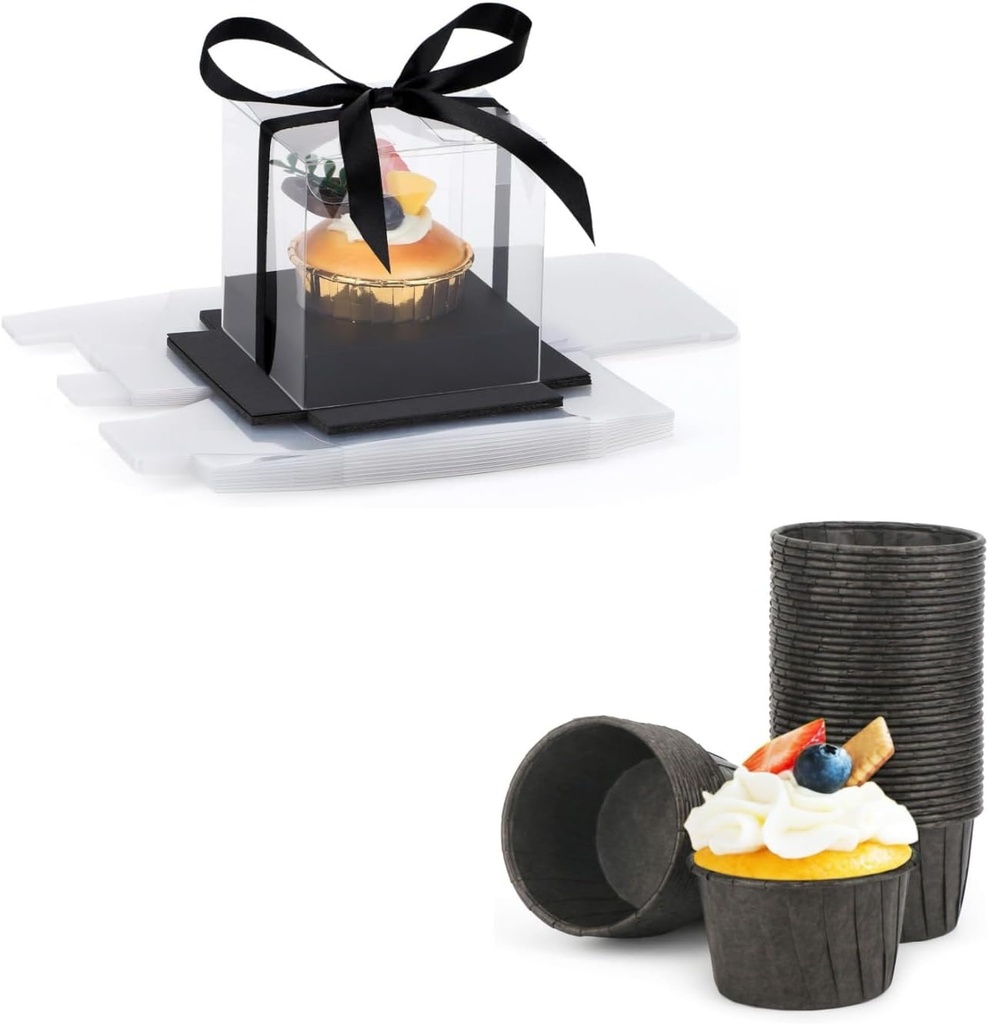 EUSOAR 12pcs 3.5 Inch Plastic Clear Cupcake Boxes and 50pcs 3.5oz Cupcake Liners, Disposable Ramekins and Single Transparent Cupcake Carrier with Ribbon and Inserts for Wedding Party-Black