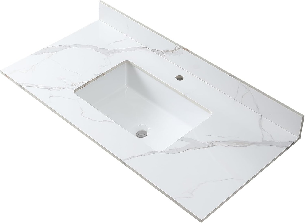 Wohh Marble Vanity Top, Bathroom Sink Countertop with Single Hole, Vanity Tops with Undermount Rectangular Ceramic Sink & Backsplash (43‘’ with 1 Faucet Hole)