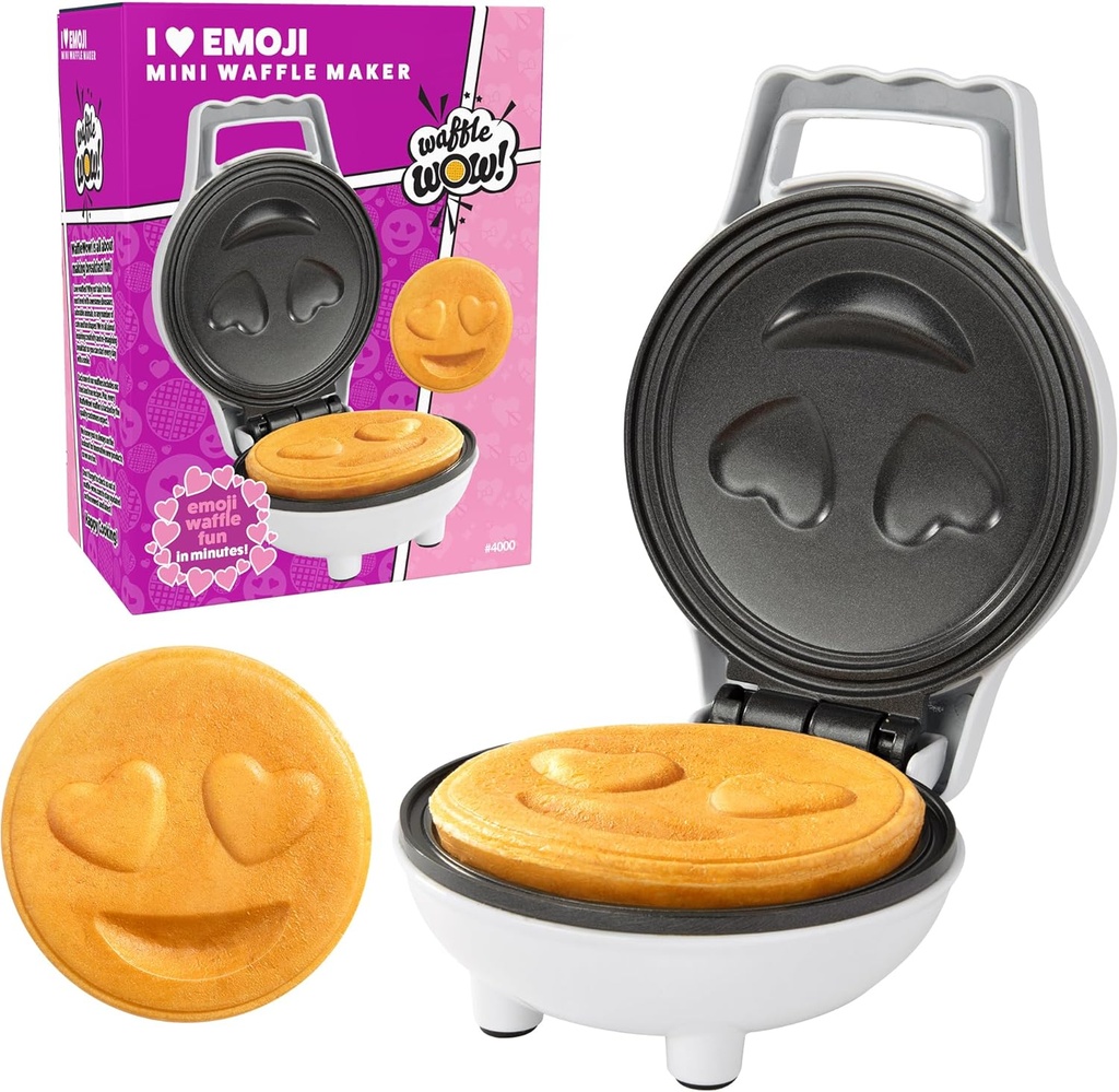 Heart Eyes Emoji Mini Waffle Maker- Special Breakfast w Cute Personal-Sized 4" Smiley Face Pancakes- Electric NonStick Baker Iron with Recipes- Loving Treat Gift for Her Him- Kids Adults Easy Fun Bake