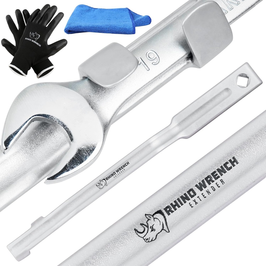 Rhino Wrench Extender Tool Bar - Extra-Long 15 Inch Wrench Extension for Maximum Leverage - Torque Multiplier with Non-Slip Gloves and Microfiber Towel - Solid Steel Tools (Extra Large)
