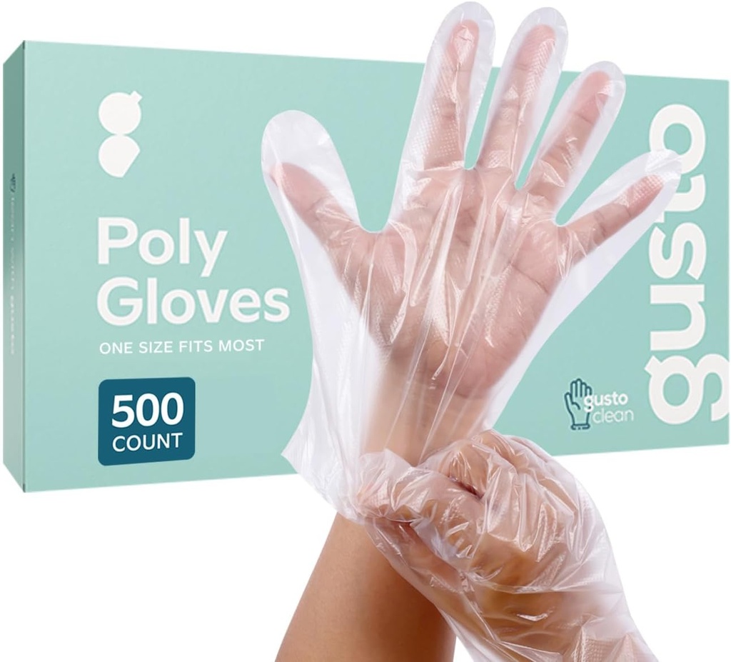 GUSTO Disposable Poly Gloves for Food Prep, Cooking & Food Service – Clear Plastic, Latex & Powder Free, One Size