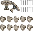12PCS Antique Cabinet Knobs with Screws, Vintage Flower Pattern Round Kitchen Cupboard Handles 1.18'' Drawer Knobs Retro Bronze Cabinet Pull Handles for Wardrobe Door