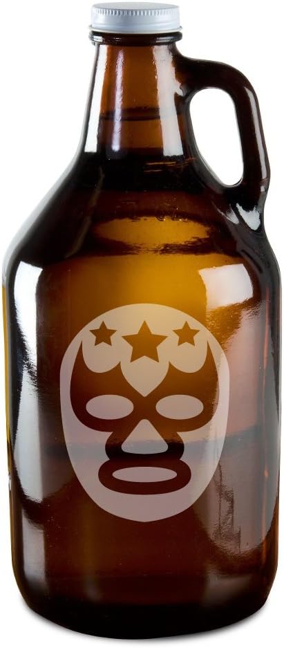 Luchador Wrestling Mask Hand-Made Etched Glass Beer Growler 64 oz