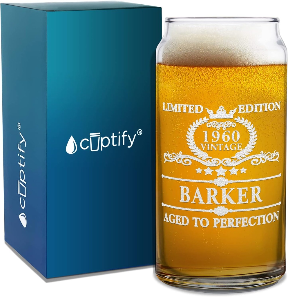 Cuptify Personalized Beer Glass 65th Birthday Gift for Men and Women Aged to Perfection 65 Years Old Established 1960 Etched Customized Gift 20 oz Can Drinking Glasses for Dad