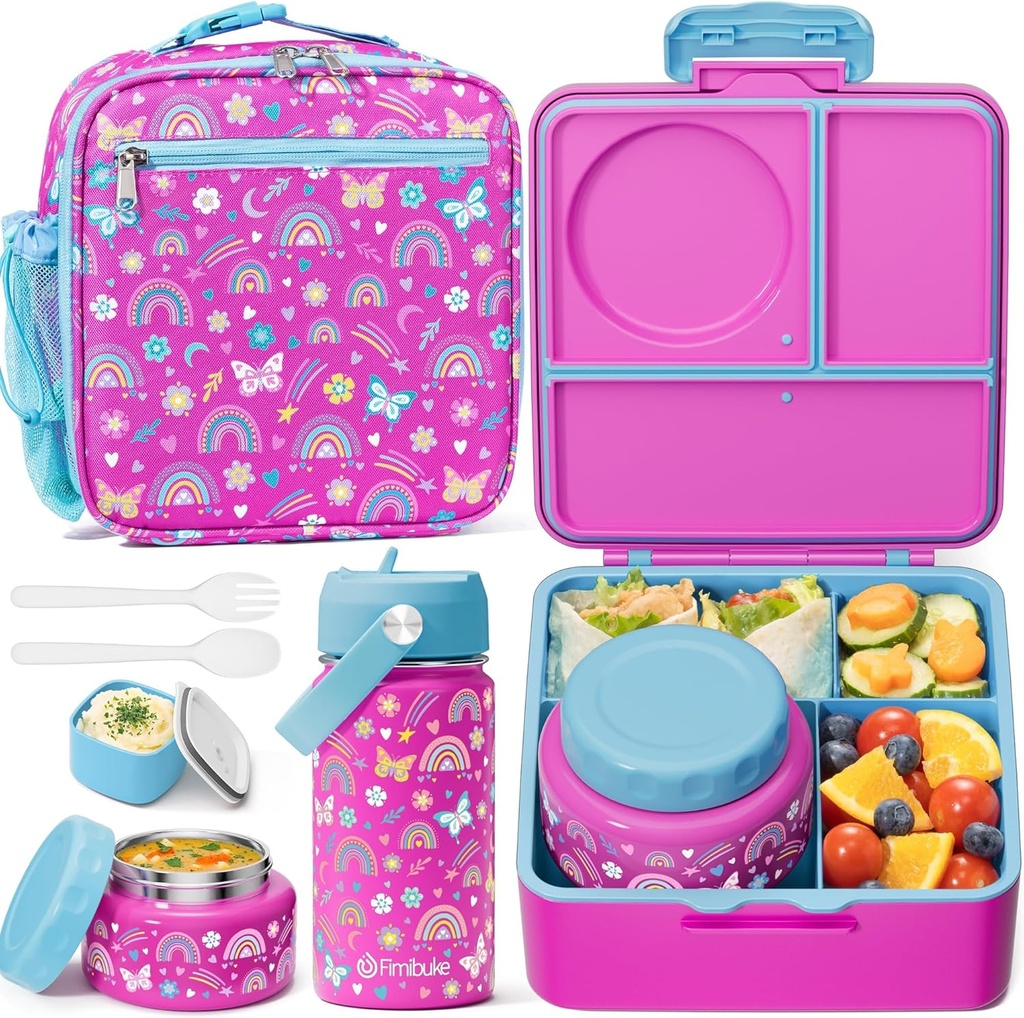 Fimibuke Kids Bento Lunch Box, Leakproof Toddler Bento Box with 8.5 OZ Insulated Food Jar, Lunch Bag, Kids Water Bottle, 3 or 4 Compartment Container for Back to School Toddler Girls Boys