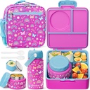 Fimibuke Kids Bento Lunch Box, Leakproof Toddler Bento Box with 8.5 OZ Insulated Food Jar, Lunch Bag, Kids Water Bottle, 3 or 4 Compartment Container for Back to School Toddler Girls Boys