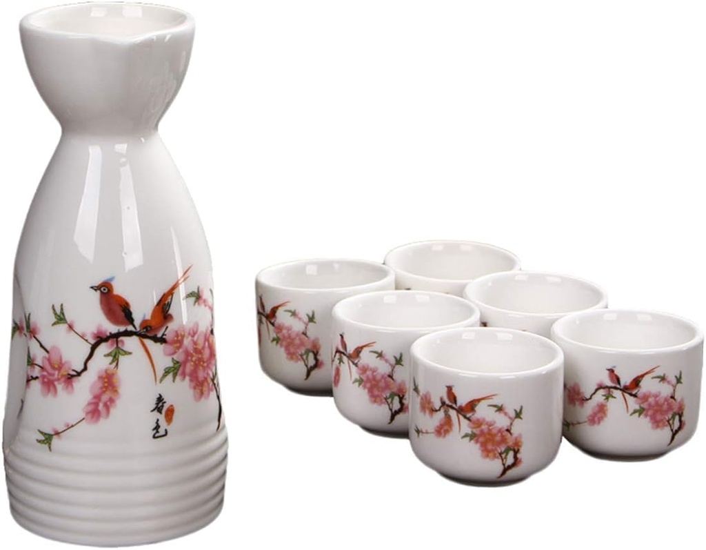 Japanese Sake Cup Set 7 Piece Porcelain Pottery Traditional Ceramic Cups Crafts Wine Glasses Japanese Sake Set with 1 Sake Serving Bottle and 6 Sake Cups