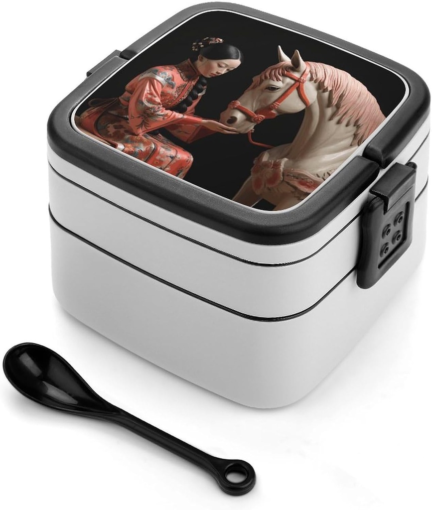 Woman And Horse Bento Box with Compartments Double Layer Bento Lunch Box with Spoon And Handle All-in-One Adult Lunchbox Leakproof Lunch Container for Work Picnic Travel