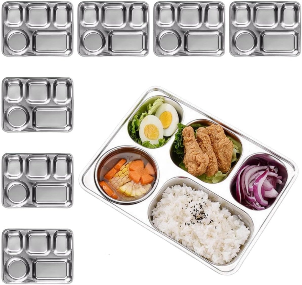 Stainless Steel Divided Dinner Plates Set of 8, Metal Food Trays Serving Plate with 5 Compartment for Adults, Picnic