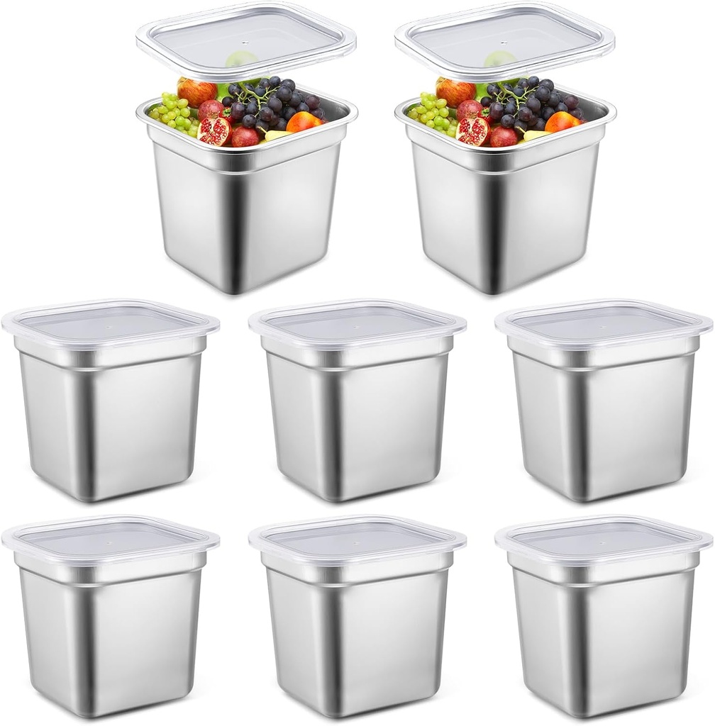 8 Pcs 1/6 Size Hotel Steam Table Pans with Lids, Stainless Steel Food Containers and PP Plastic Covers, Anti-clogging Steamer Pans for Buffet, Catering, Restaurant, and Food Prep(6" Deep)