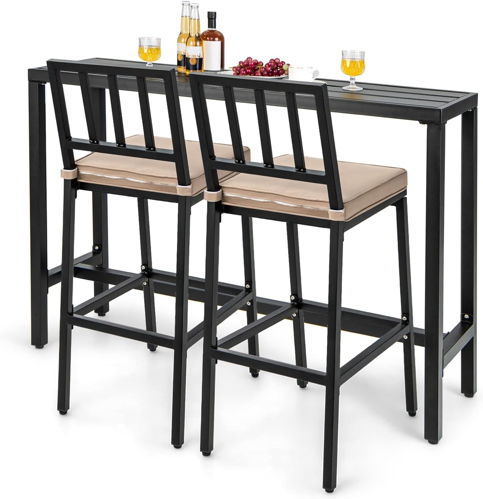 COSTWAY 3 Piece Outdoor Patio Bar Set, 55" Rectangular Pub Height High Top Bar Table with 2 Cushioned Bar Stools, Metal Bar Table and Chairs Set for Balcony, Backyard, Porch