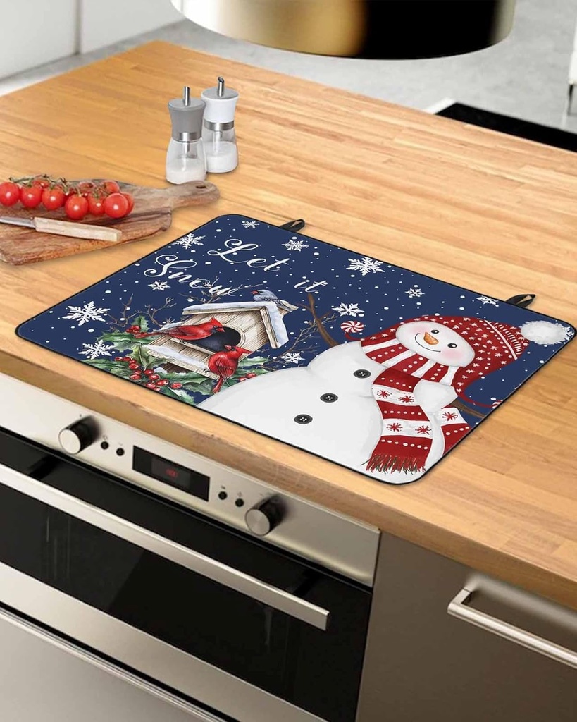 Christmas Countertop Burners Protection Mats for Kitchen, Winter Snowman Christmas Bird Deep Blue Rubber Stove Top Cover Mat, Heat Proof Mats Cooktop Cover for Counter Dish Drying Mat, 31"x24"
