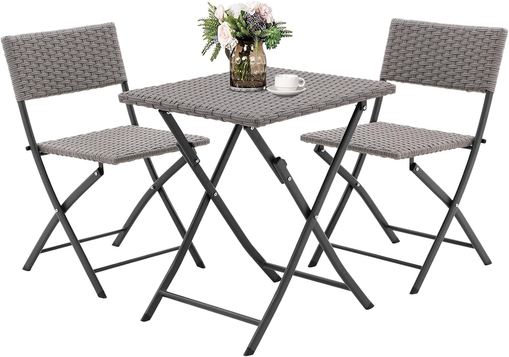 Rattan Patio Bistro Set, 3 Piece Foldable Outdoor Patio Furniture Sets, with Folding Table and Two Chairs, for Garden, Backyard, Pool, Lawn, Balcony, All Weather Brushed Rattan Style (Dark Grey)