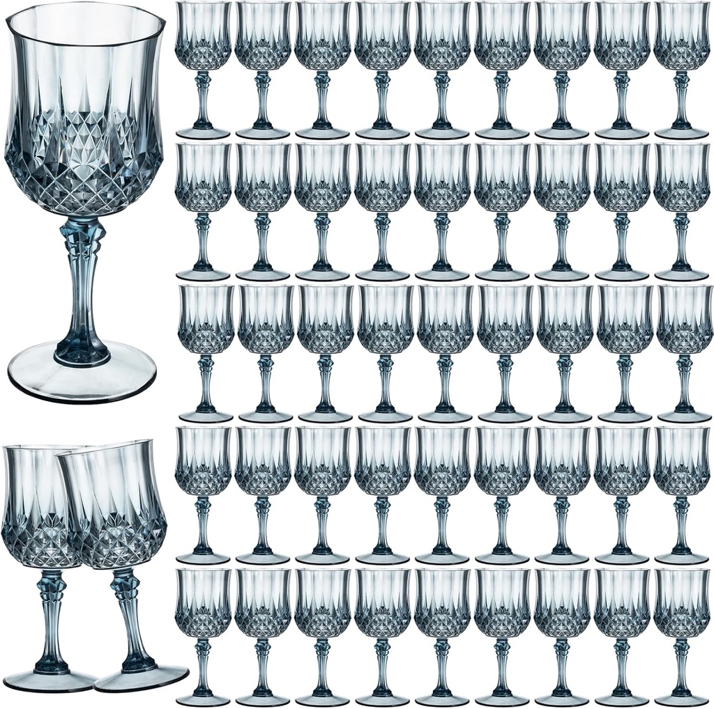 7OZ Plastic Wine Glasses, 48Pcs Blue Reusable Drinking Cups Vintage Champagne Flutes, Plastic Crystal Water Goblets for Parties Stemmed Shatterproof Drinking Glasses for Wedding, Toasting Party