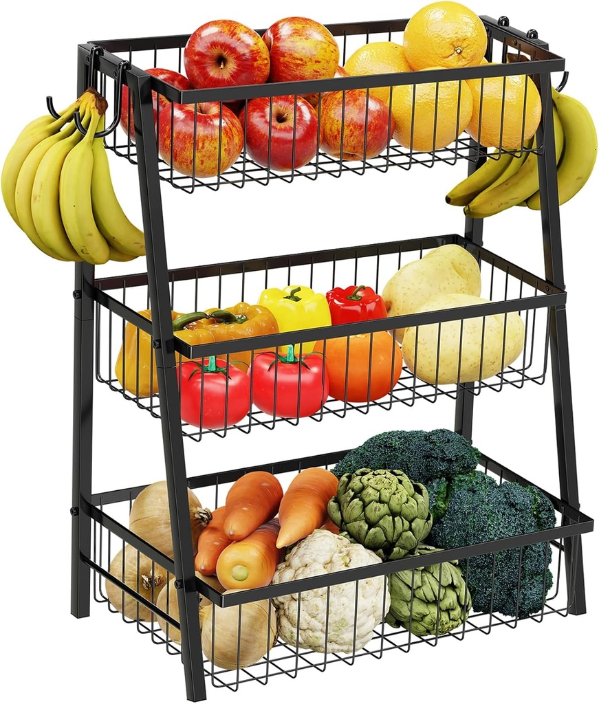 Simple Trending 3-Tier Trapezoidal Fruit Basket with 4 Banana Hooks, Extra Large Metal Wire Kitchen Organizer for Countertop - Rust-Proof for Fruits, Vegetables, Snacks, Bread Storage, Black