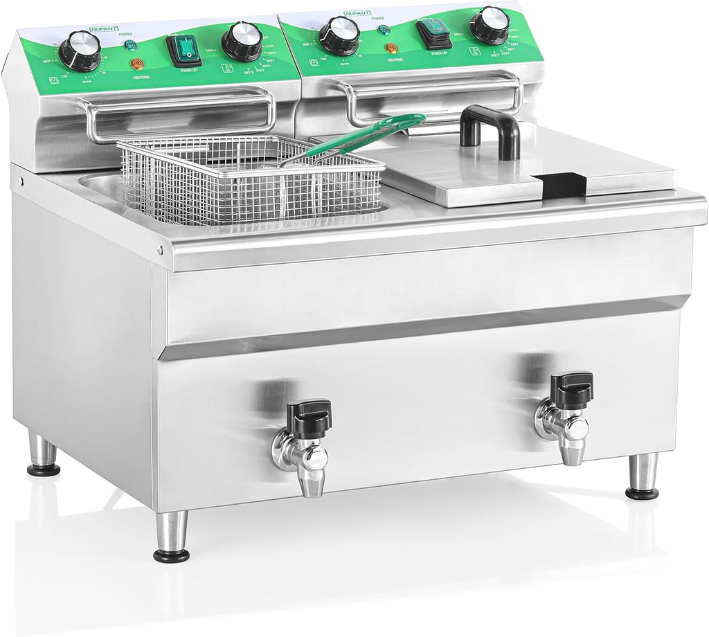 24L/25.4QT Commercial Deep Fryer with 2 Baskets and Lids, 110V Electric Fryer with Oil Filtration and Timer, Stainless Steel Large Double Tank Fryer Countertop Deep Fryer for Restaurant 3500W