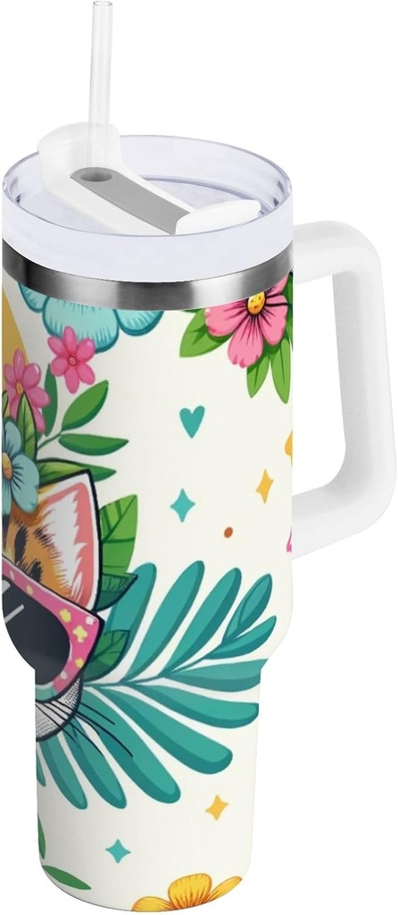 40 oz Cat Flowers Sunglasses Palm Leaf Insulated Tumbler with Handle, Stainless Steel Vacuum Water Bottles with Lid and Straw for Water, Iced Tea or Coffee