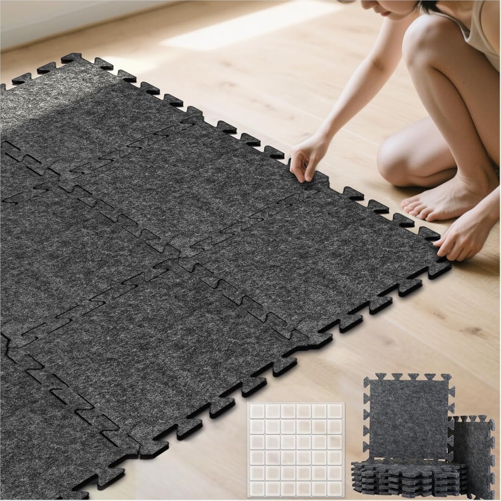 BXI Soundproof Interlocking Carpet Tiles Squares, 10 Pcs 11 x 11 x 0.4 inches Peel and Stick Flooring Tiles, High Density Non-Slip Noise Reduction Puzzle Felt Protects Hardwood Floors & Adds Cushion