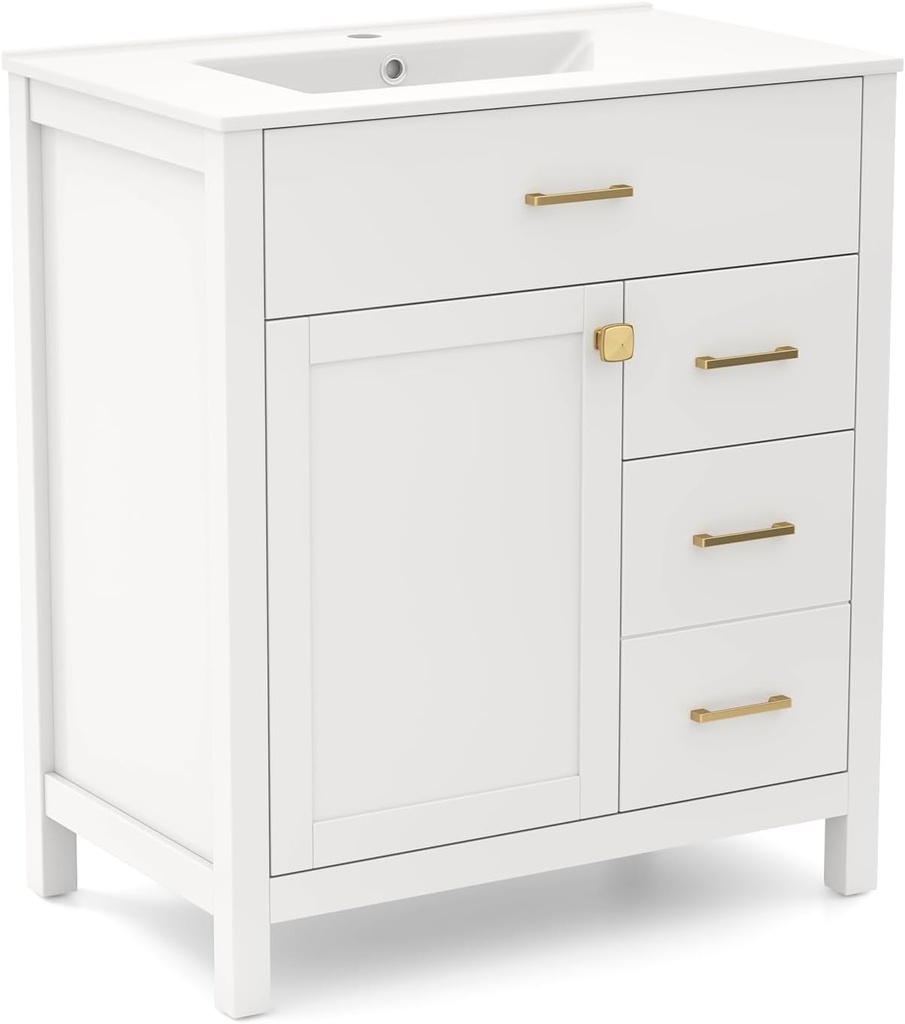 Giantex 30” Bathroom Vanity with Sink, Ceramic Basin Combo with 2 Drawers, 1 Door, 1 Flip-Out Drawer, Wood Legs, Modern Undermount Sink Cabinet, Pedestal Sink Storage Cabinet for Small Spaces, White