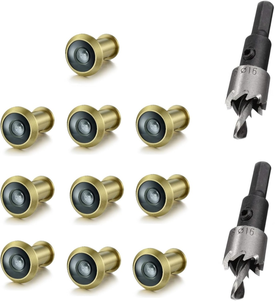 TOGU 10PCS of 220-degree Solid Brass Peep Holes for Door with 16mm Drill Bit, Compatible with Door Thick from 1-3/8" to 2-1/6", Satin Gold Finish