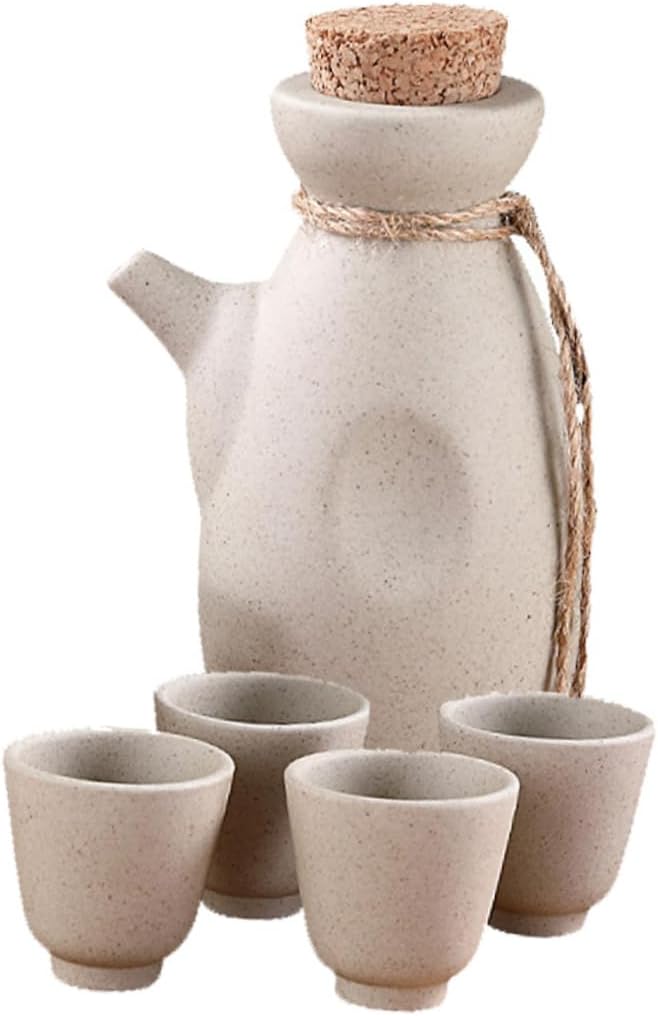 Sturdy Japanese Sake Pot 4 Cups Set 300ml Pot 4 x 50ml Cups Elegant Wine Storage