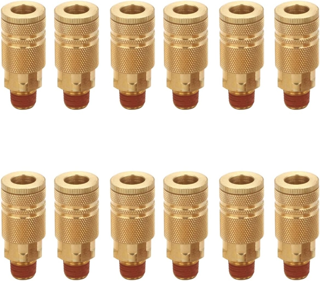1/4 Inch Brass Male Industrial Coupler, 12 Pack 1/4 Inch Air Hose Fittings NPT Male Quick Connector Air Coupler with sealant for Professional Jobsites and Automotive Shops