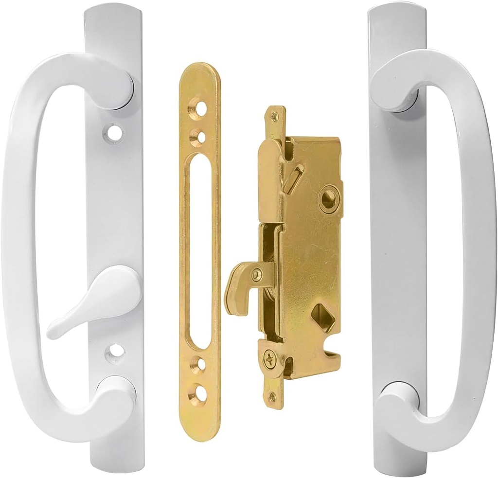 LWZH White Patio Sliding Glass Door Handle Set - Reversible Design Sliding Door Handle Fits 1-3/8" to 2-1/4" Thick Doors, 3-15/16" Hole Centers, 45° Keyway