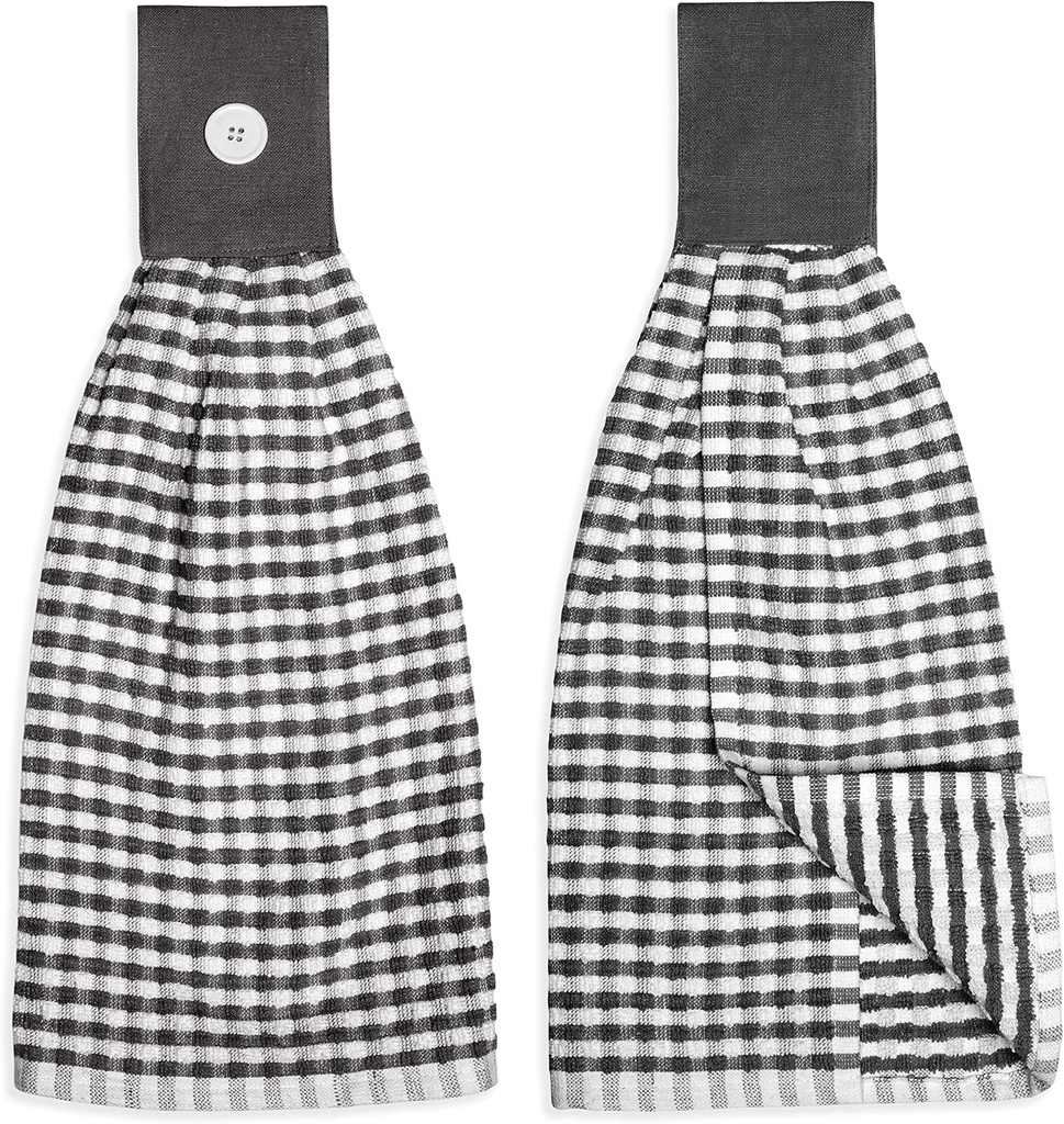 Cackleberry Home Gingham Check Terrycloth Hanging Kitchen Hand Towel Cotton with Button Accent, Set of 2 (Charcoal Gray)