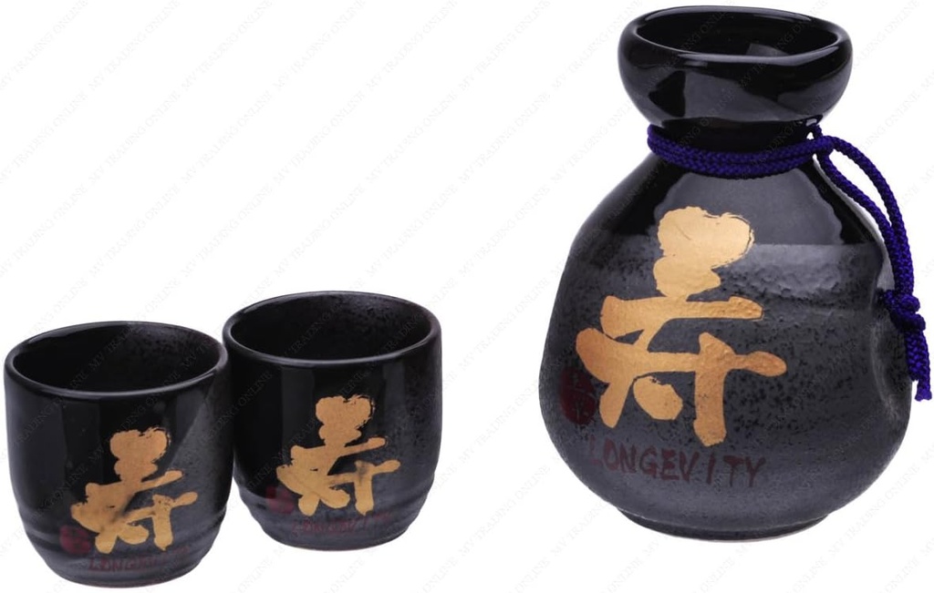 M.V. Trading MFJMT6KV Japanese Five Pieces Ceramic Sake Set with Calligraphy Character "Fortune", Black, (Bottle: 10-Ounces | Cups: 2-Ounces)
