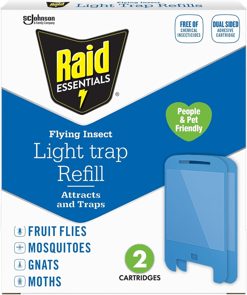 Raid Essentials Flying Insect Light Trap Refills, 2 Light Trap Refill Cartridges, Featuring Light Powered Attraction