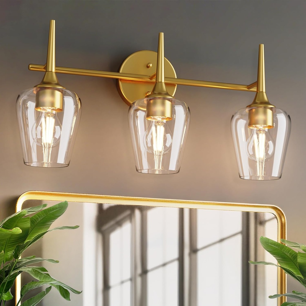 Gold Vanity Light 3-Light Modern Luxury Bathroom Light Fixture with Wine Glass Shades for 24 Inch Mirror, Wall Sconce for Hallway Bedroom