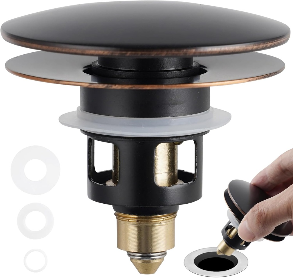 Universal 2PCS Bathroom Sink Stopper 2 in 1 Pop Up Metal Sink Drain Strainer with Hair Catcher, Fit for 1.1~2.36" Sink Basin Hole, Big Cover Cap, Anti-clog, Oil Rubbed Bronze