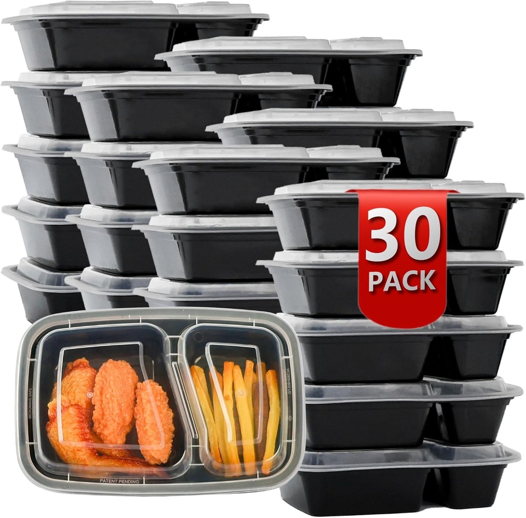Meal Prep Containers 2 Compartment 30 Pack, 26 oz Divided Reusable Food Storage Containers with Lids Takeout Food Storage Containers Black, Microwave Dishwasher Freezer Safe, Stackable, BPA Free