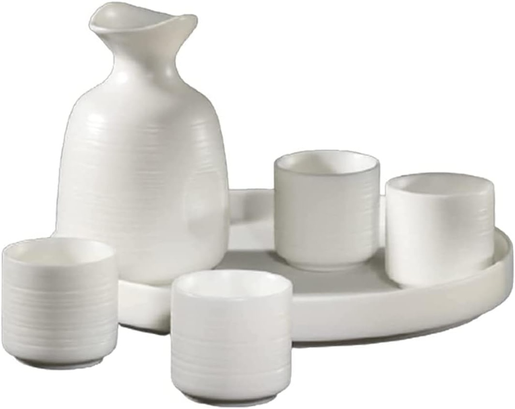 6 Pcs Traditional Ceramic Sake Set with Ceramic Tray Traditional Pottery Hot Saki Drink Kit Include 1 Sake Pot 4 Cup and 1 Ceramic Tray Cups