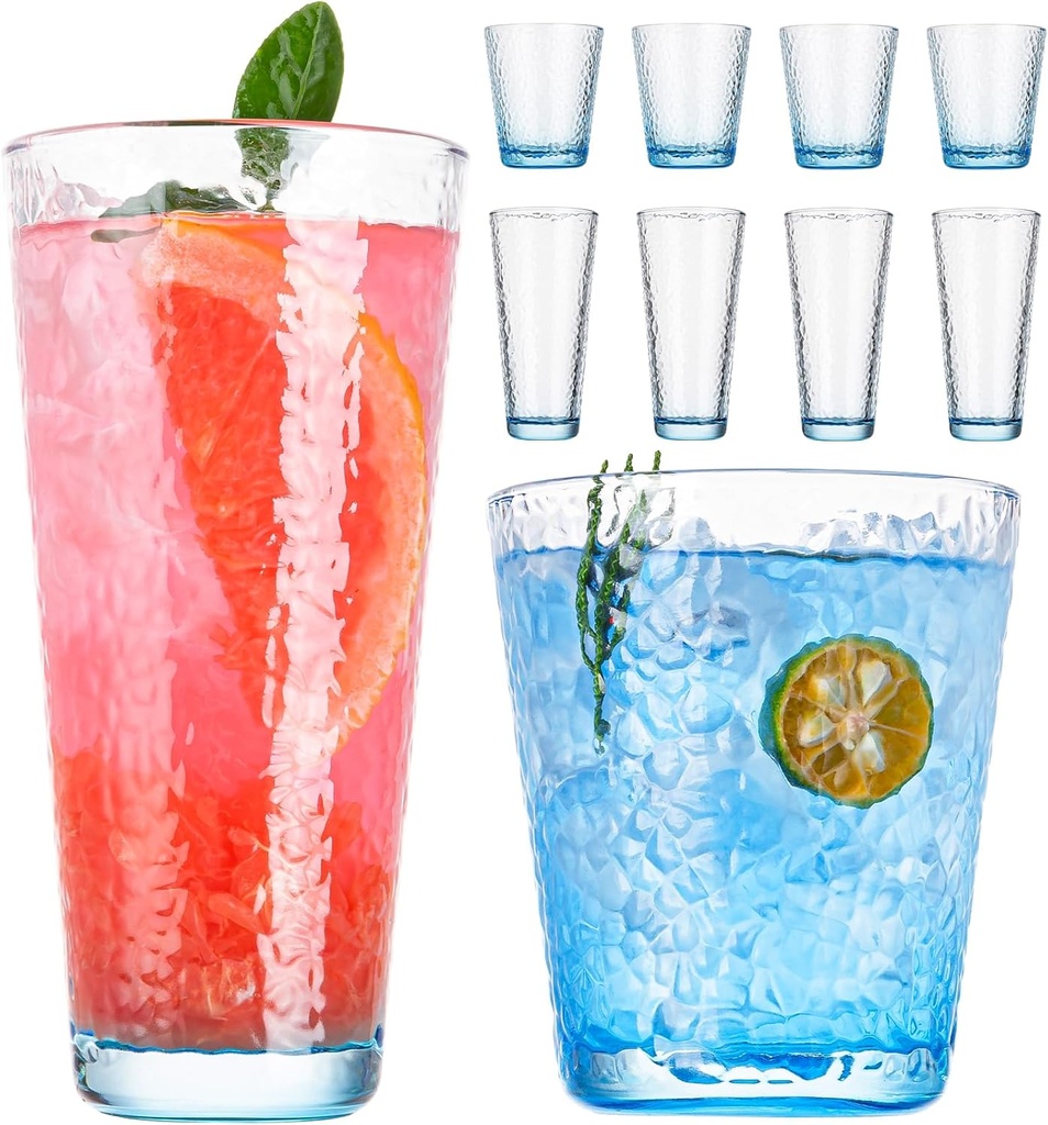 Drinking Glasses, 8 Piece Glass Cups, Colored Mixed Glassware Set, 4 pcs Crystal 12oz Highballs and 4 pcs 10oz Rocks Glasses, Great for Cocktail, Whisky and other Beveragesc (Light BLUE)