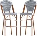 Flash Furniture Lourdes Commercial Grade Bistro Bar Height Stool, Stackable Indoor/Outdoor Dining Stool, 30" High, White/Navy and Bamboo Finish, Set of 2