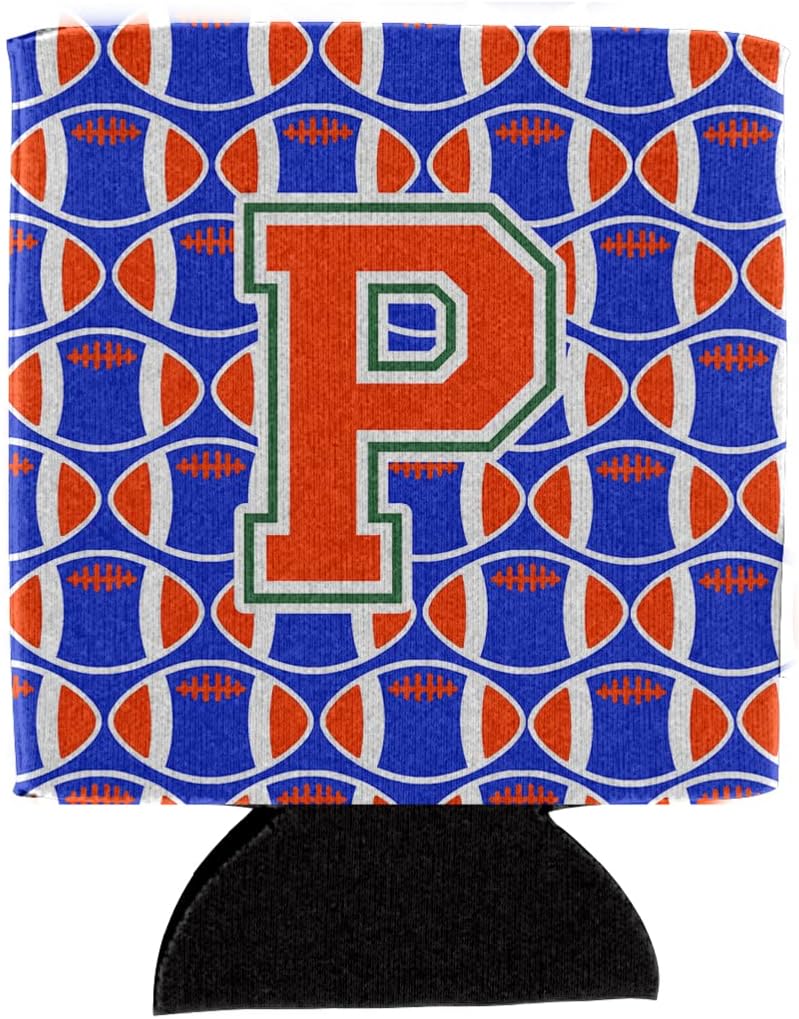 Caroline's Treasures CJ1083-PCC Letter P Football Green, Blue and Orange Can or Bottle Hugger Cooler Washable Drink Sleeve Collapsible Beverage Insulated Holder, Can Hugger, Multicolor