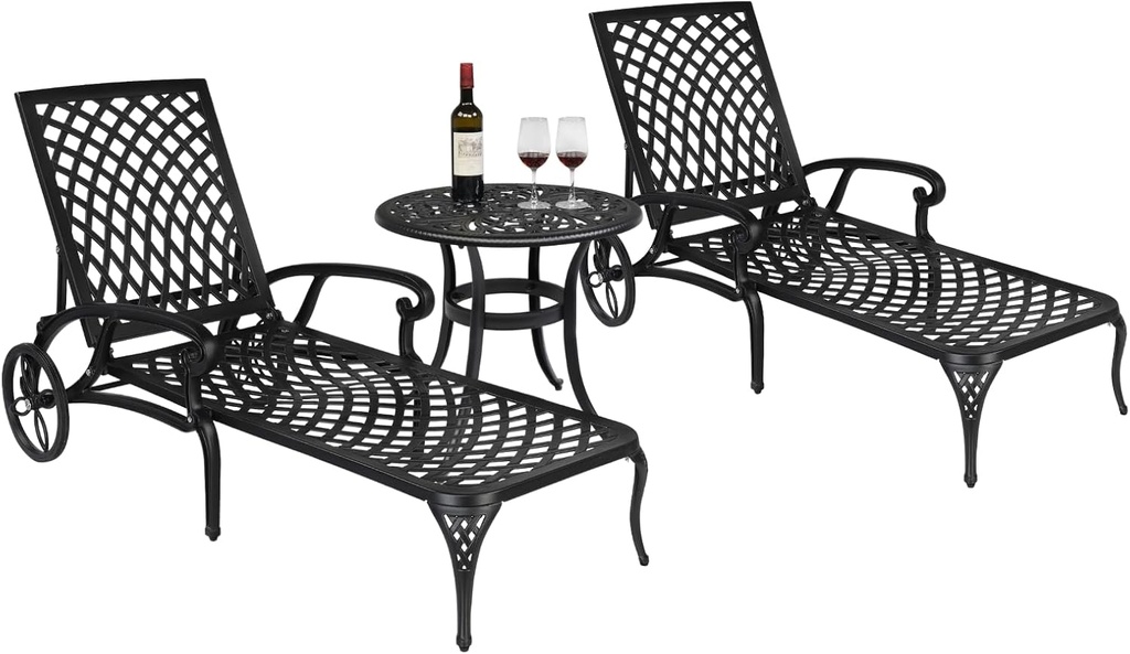 Outvita Outdoor Chaise Lounge Chairs Set of 2, Pool Cast Aluminum Recliner Table Set with 3-Position Adjustable Back, Armrest and Wheels for Backyard Porch Patio Balcony Deck