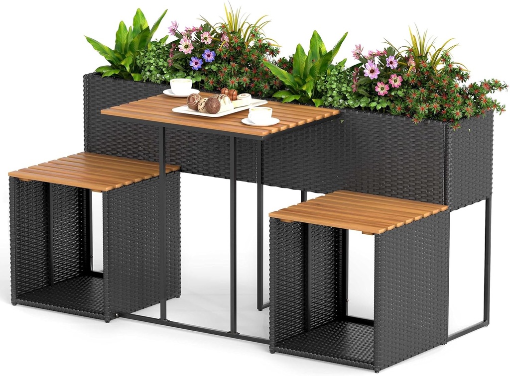 RELAX4LIFE Patio Furniture Set with Raised Garden Bed, Wicker Rattan Elevated Planter Table w/2 Chairs, Slatted Acacia Wood Top & Bottom Storage, Outdoor Conversation Set w/Planter Box for Herb Flower