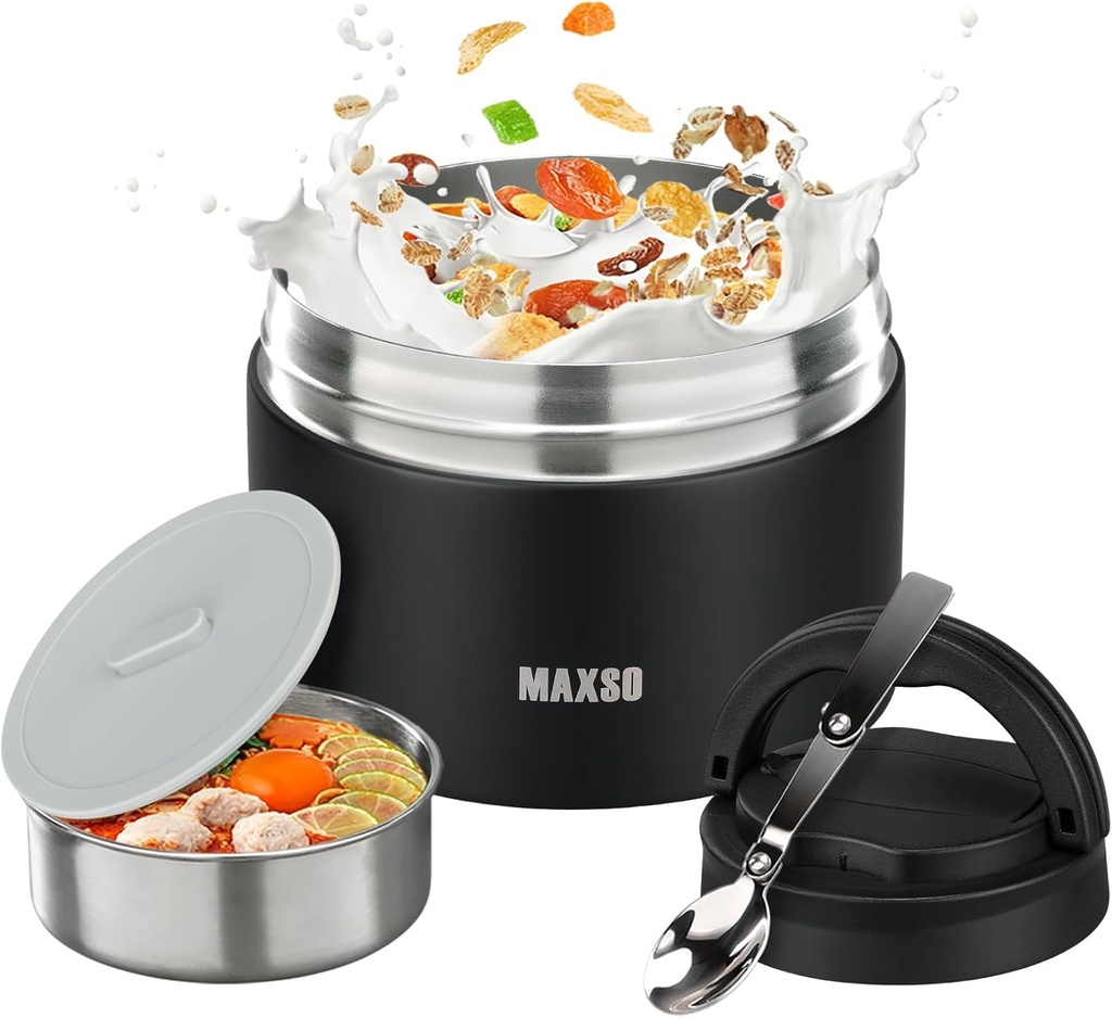 MAXSO Food Jar for Hot Food - 24 OZ Soup Thermo for Adults Vacuum Insulated Lunch Containers with Foldable Spoon & Thermal Bag, Wide Mouth Leakproof Bento Box - Black