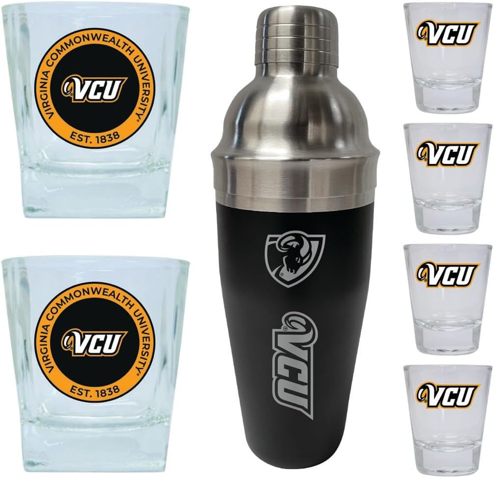R and R Imports Virginia Commonwealth Officially Licensed Collegiate Barware Set – 7-Piece Cocktail & Whiskey Glass Gift Pack
